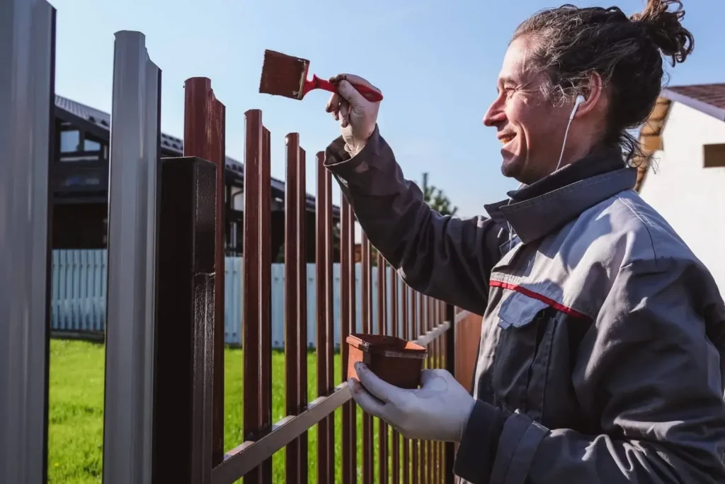 Men paint the fence to maintain its beauty