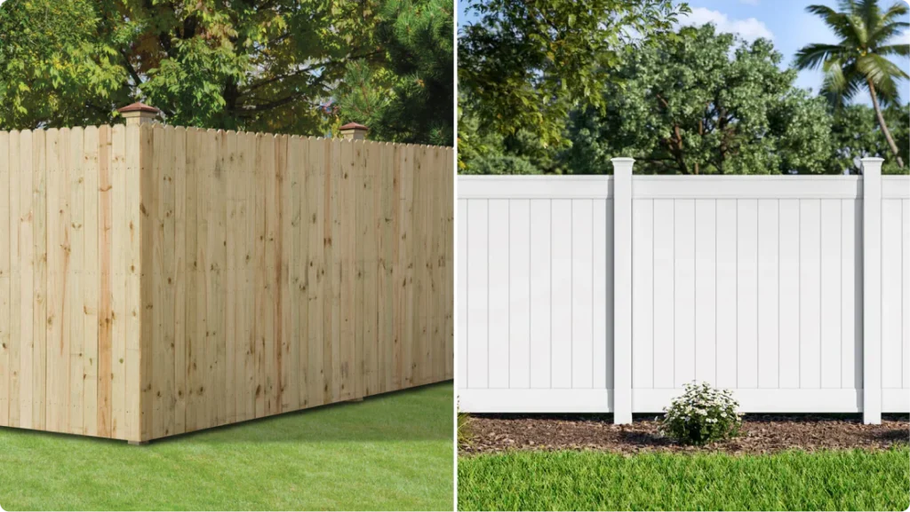 Vinyl and wood horse fencing comparison, showcasing a wooden fence on the left and a vinyl fence on the right, set against a lush green background, relevant to Ocala horse fencing cost analysis and ROI considerations.