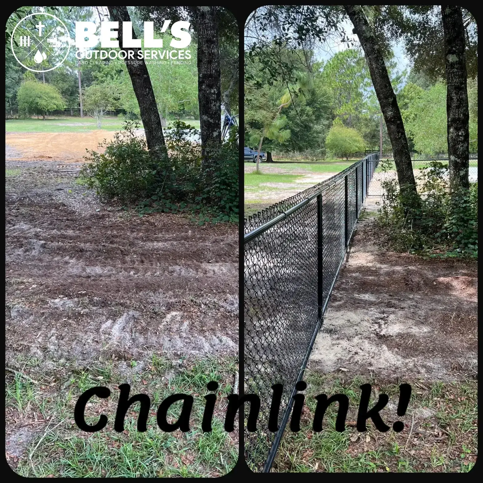 Before and after images of black vinyl chain link fence installation by Bell's Outdoor Services, showcasing a cleared area and the completed fence in a lush outdoor setting.