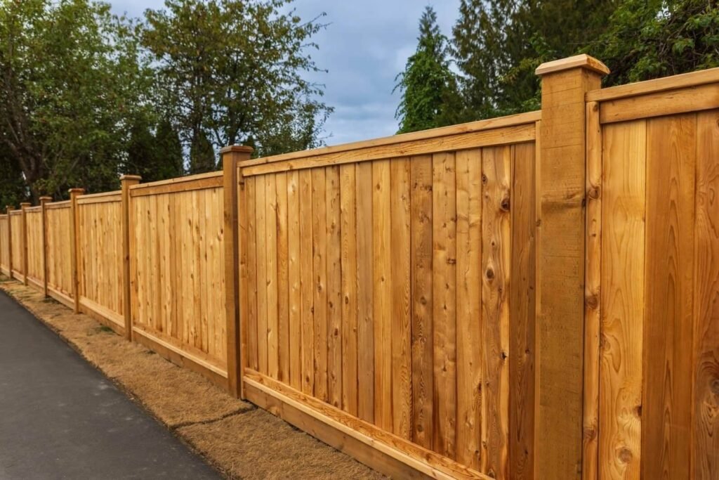 Long, newly installed privacy fence made of natural, golden-brown vertical wood planks with decorative post caps and horizontal trim, running alongside a paved path or driveway with trees in the background.